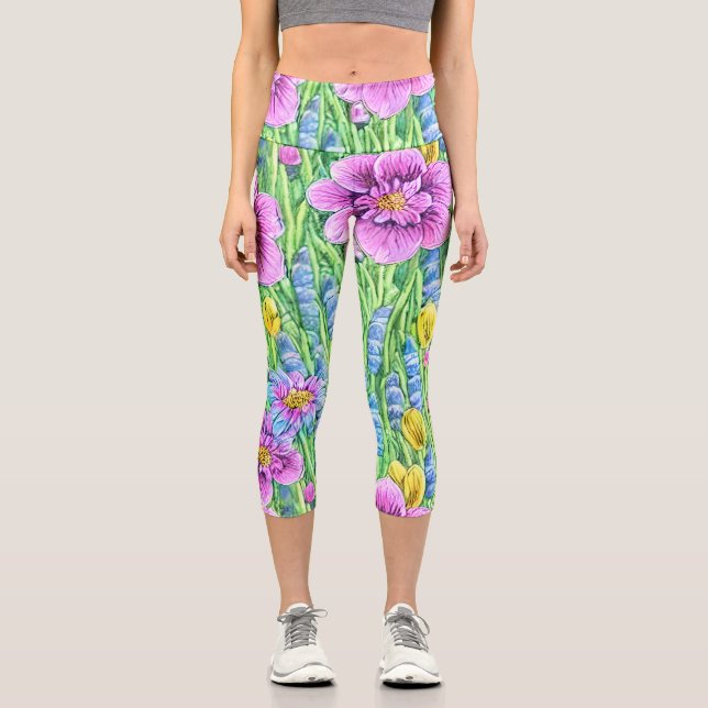 Schöne Aquarellgarten Blühend Grün Capri Leggings (Vorderseite)