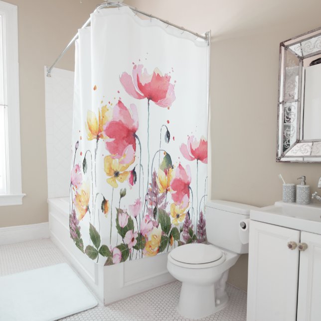 Schöne Aquarellgarten mit Blumen und elegantem Tre Duschvorhang (Beispiel)