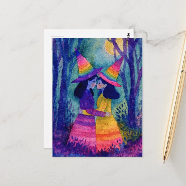 Schöne Aquarellhexen in Regenbogenhexen Postkarte (Vorderseite/Rückseite Beispiel)