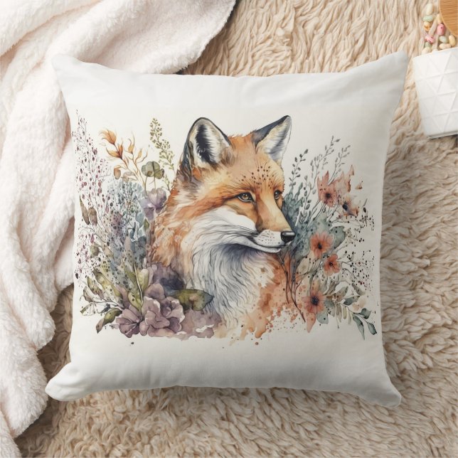 Schöne Aquarellmalerei in Rotfuchs in Blume Kissen (Decke)