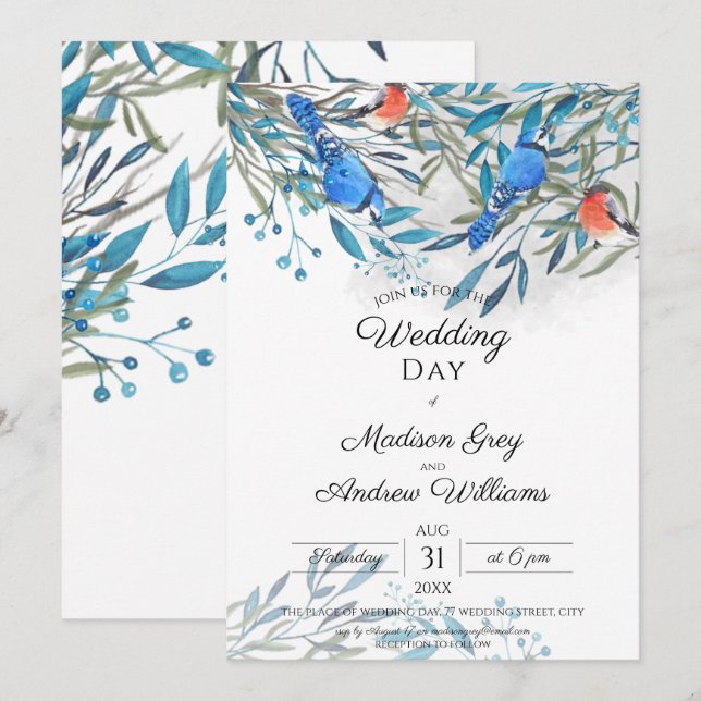 Schöne Aquarellvögel und Foliage Hochzeit Einladung (Vorne/Hinten)