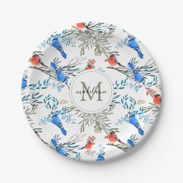 Schöne Aquarellvögel und Foliage Muster Pappteller (Vorderseite)