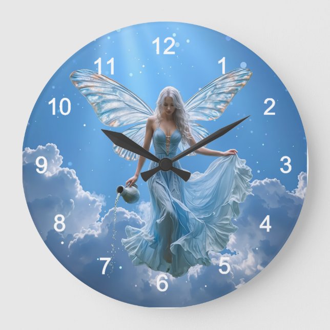 Schöne Aquarius Fairy in den Wolken Große Wanduhr (Vorderseite)