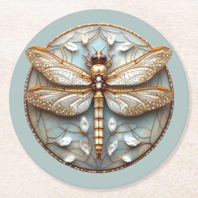 Schöne Art Deco Dragonfly Gold Diamanten Runder Pappuntersetzer (Vorderseite)