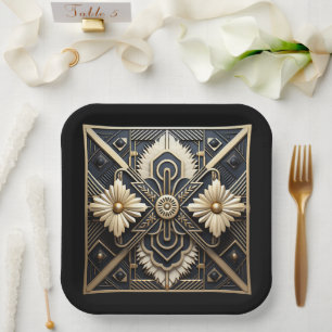 Schöne Art Deco Elfenbein Creme Gold Schwarz   Pappteller
