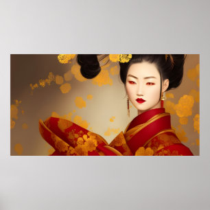 Schöne asiatische Frau Geisha rot Gold 2 Poster