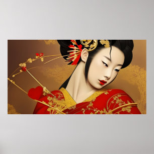 Schöne asiatische Frau Geisha rot Gold Poster