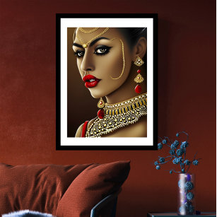 Schöne Asiatische Indianerin Rote Goldperle Poster