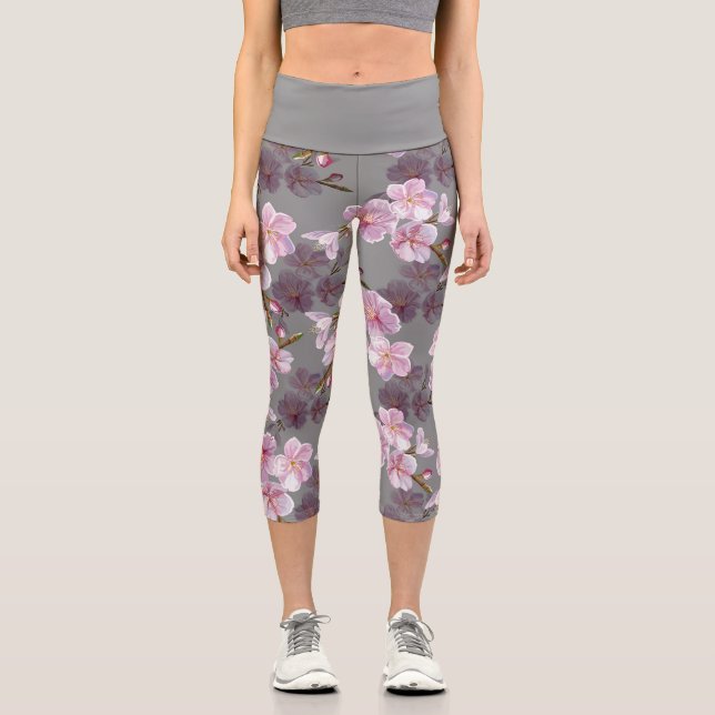 Schöne asiatische Sakura Blossom Floral Capri Leggings (Vorderseite)