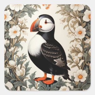 Schöne Atlantic-Puffin-Weiße Blumen Quadratischer Aufkleber