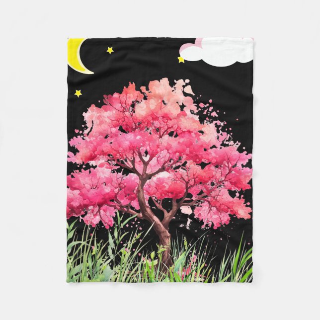 Schöne Aussicht in der Nacht auf eine Kirschblüte Fleecedecke (Vorderseite)