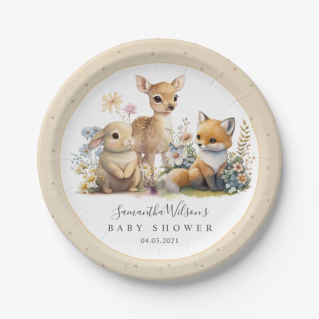 Schöne Baby Bunny Deer Fox Floral Baby Dusche Pappteller (Vorderseite)