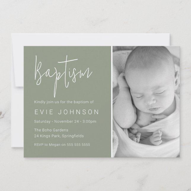 Schöne Baby Girl or Boy Foto Sage Baptisk Einladung (Vorderseite)