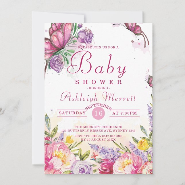 Schöne Babydusche Butterfly Aquarell Einladung (Vorderseite)