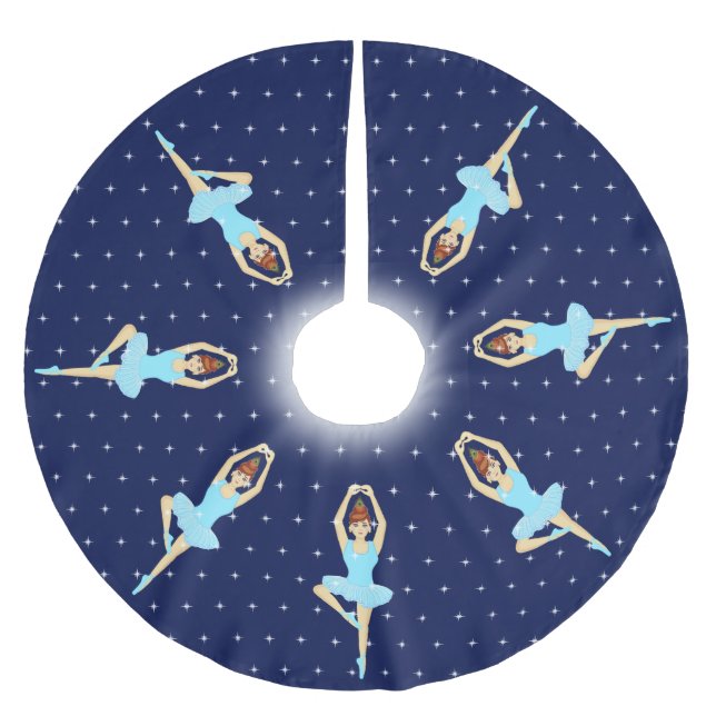 Schöne Balletttänzerin & weiße Sterne auf marinebl Polyester Weihnachtsbaumdecke (Vorderseite)