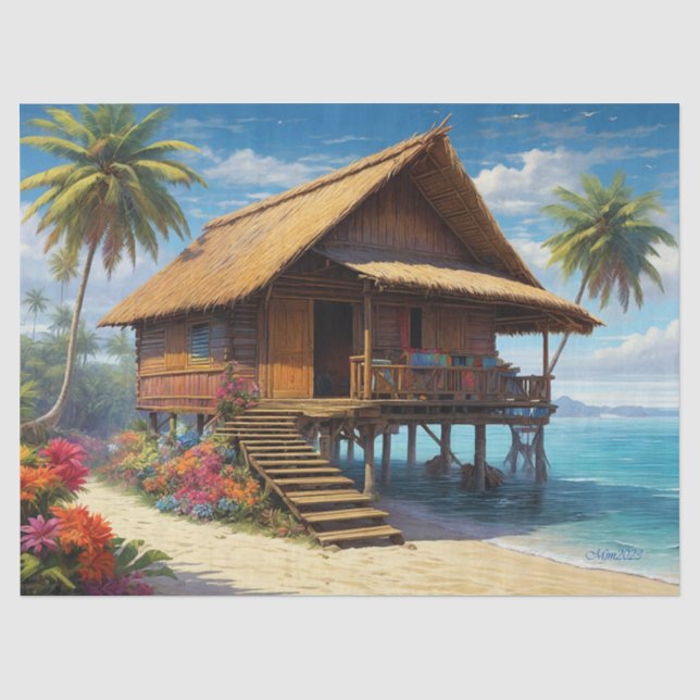 Schöne Bambushütte am Strand von Tropical Island Seidenpapier (Vorderseite)