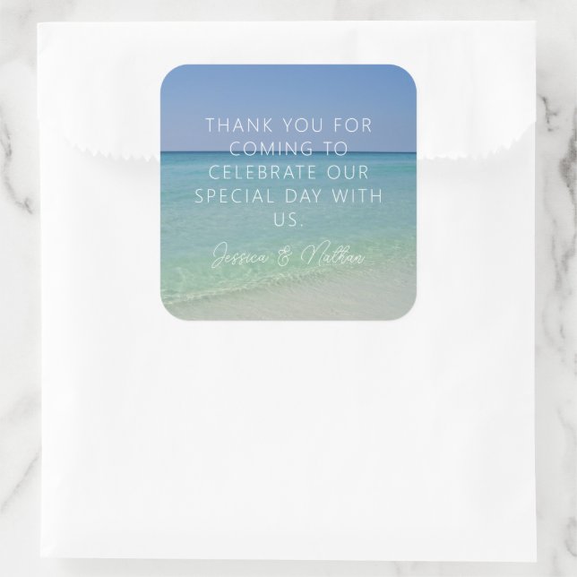 Schöne Beach Fotografie Custom Wedding Gefallen Quadratischer Aufkleber (Tasche)