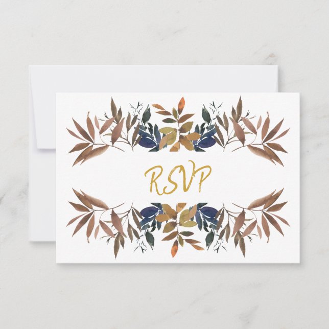 Schöne Beige Blue Gold Foliage Hochzeit RSVP Karte (Vorderseite)