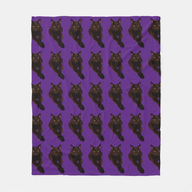 Schöne Black Cat Foto Cutout auf dunklem Lila Fleecedecke (Vorderseite)