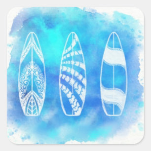 Schöne blaue Aquarell-Wasser-Surfbrettkunst Quadratischer Aufkleber