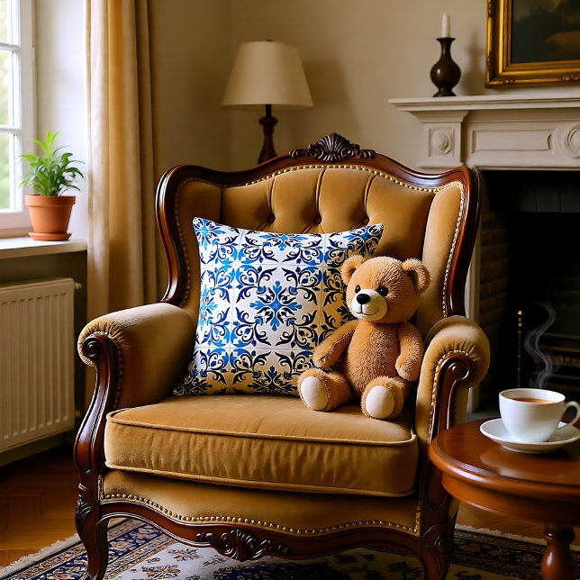 💙 Schöne blaue Azulejos, kleine Fliesen Kissen (💙 Beautiful blue Azulejos, Small tile size Throw Pillow)