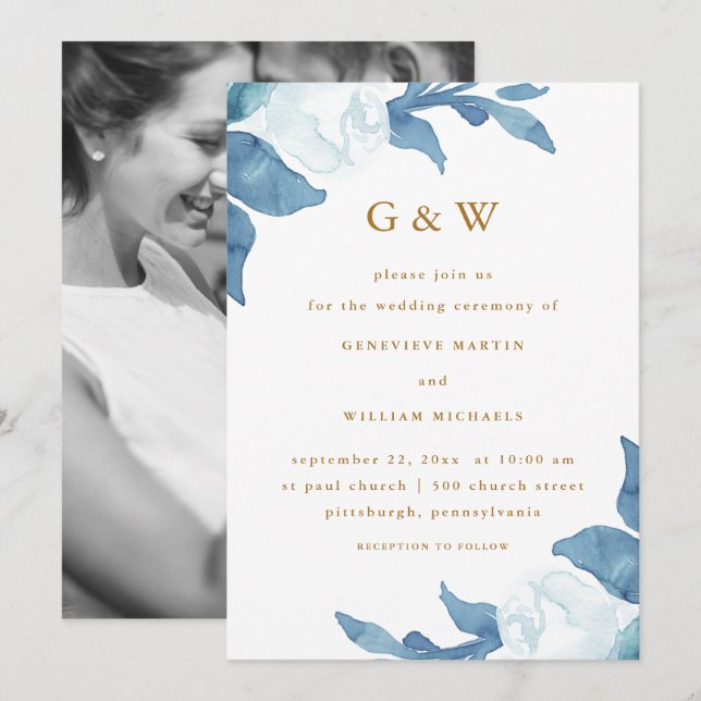 Schöne blaue Blume mit Monogramm Foto Hochzeit Einladung (Vorne/Hinten)