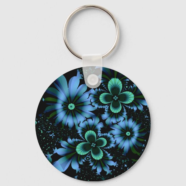 Schöne blaue Blumen Feines Fraktal Kunst Schlüsselanhänger (Vorderseite)