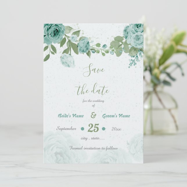 schöne blaue Blumen Grünpflanzen botanisch Save The Date (Stehend Vorderseite)