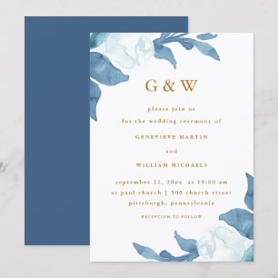 Schöne blaue Blüte mit goldfarbigen Monogrammen Einladung