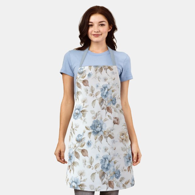 Schöne blaue cremefarbene braune Blumen Schürze (Getragen)