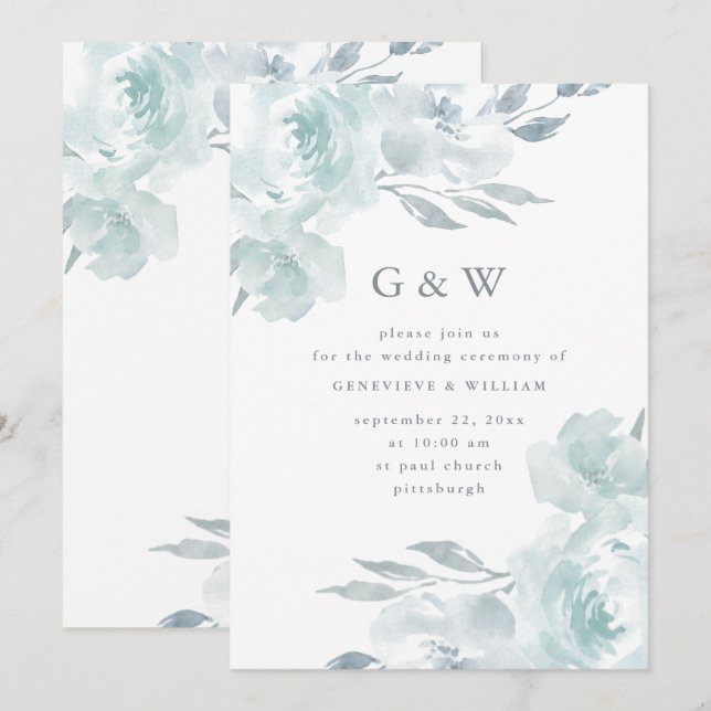 Schöne blaue Flora auf weißer Mongram-Hochzeit Einladung (Vorne/Hinten)