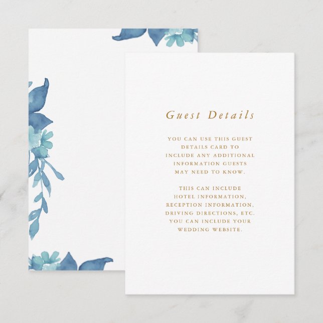 Schöne blaue Floral Wedding Gast Detail Begleitkarte (Vorne/Hinten)