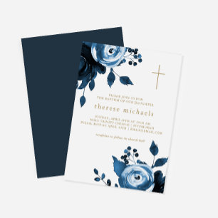 Schöne blaue florale Kreuz-Taufe Einladung