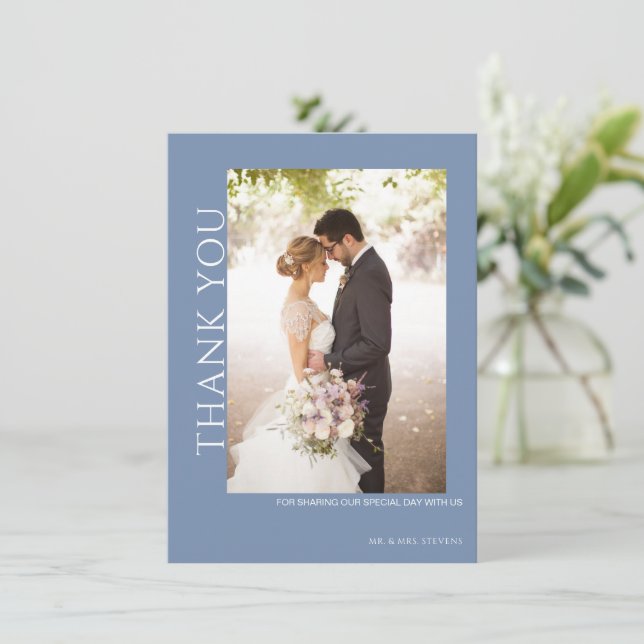 Schöne blaue Hochzeit Dankeskarte (Stehend Vorderseite)