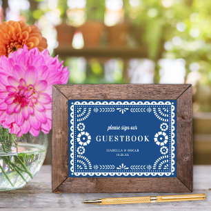 Schöne blaue Papel-Picado-Hochzeitsgästebuch-Tafel Poster