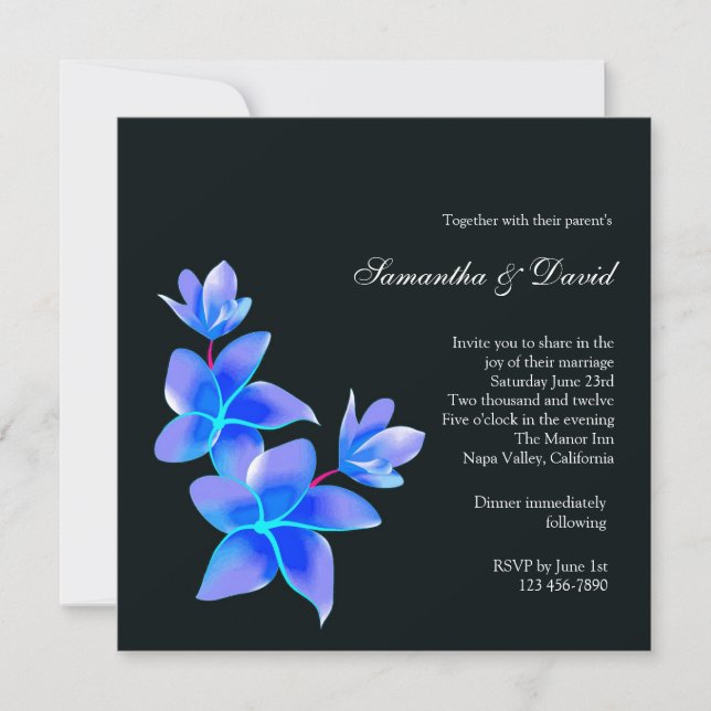 Schöne Blaue Plumeria Hochzeitsfeier Einladung (Vorderseite)