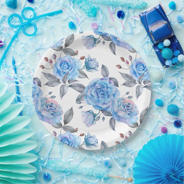 Schöne blaue Rose, weißer Hintergrund, Pappteller (Party)