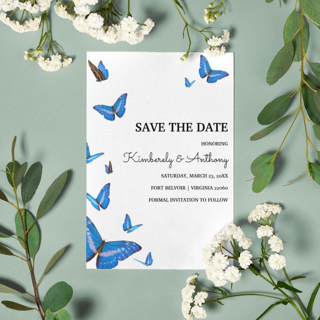 Schöne blaue Schmetterlinge Hochzeit speichern das Save The Date (Von Creator hochgeladen)