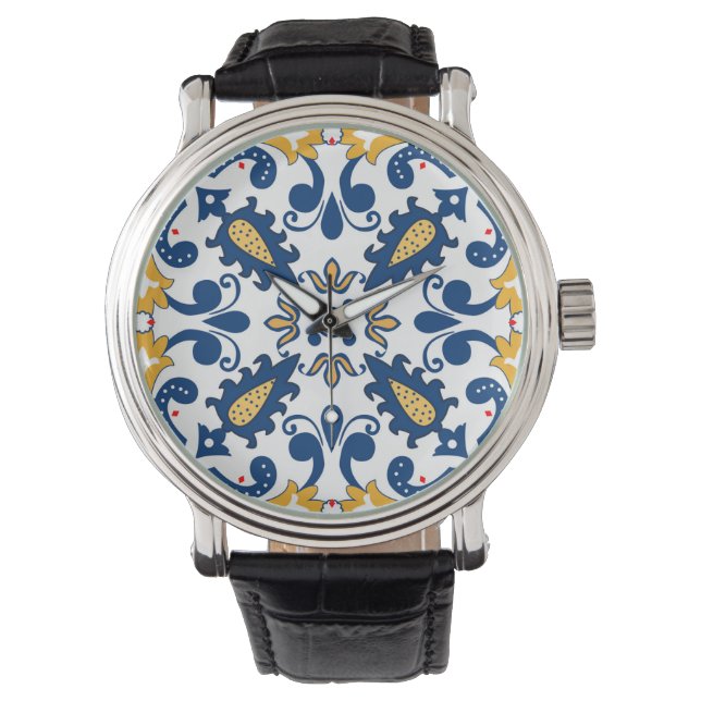💙 💛 Schöne, blaue und gelbe Azulejos, Armbanduhr (Vorderseite)