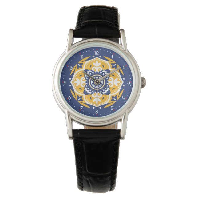 💛 💙 🤍 Schöne blaue und gelbe Azulejos Armbanduhr (Vorderseite)