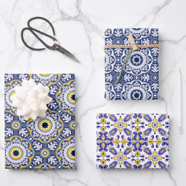 💗 Schöne blaue und gelbe Azulejos, Geschenkpapier Set (Vorderseite)