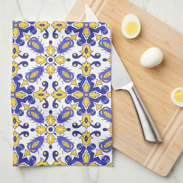 💙 💛 Schöne blaue und gelbe Azulejos Geschirrtuch (Viertel Falte)