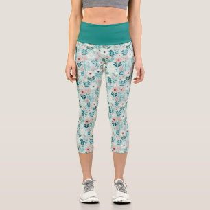 Schöne blaue und rosa Pastell-Volks kunst-Blumen Capri Leggings