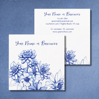 Schöne blaue und weiße Blume Sketch Quadratische Visitenkarte