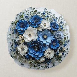 Schöne blaue und weiße Blumenarrangement Rundes Kissen