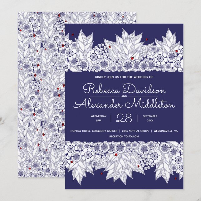 Schöne blaue und weiße Hochzeit Einladung (Vorne/Hinten)