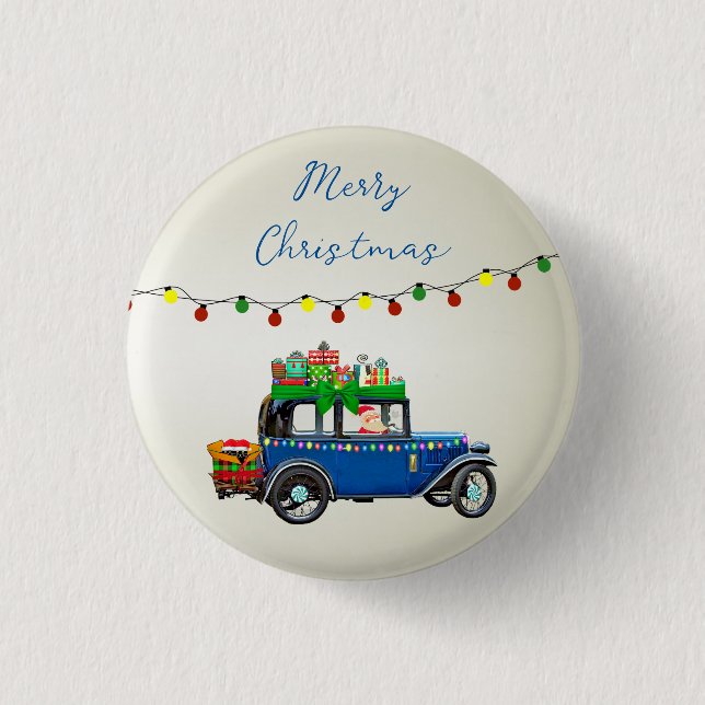 Schöne, blaue Weihnachtswagen mit Weihnachtsgesche Button (Vorderseite)