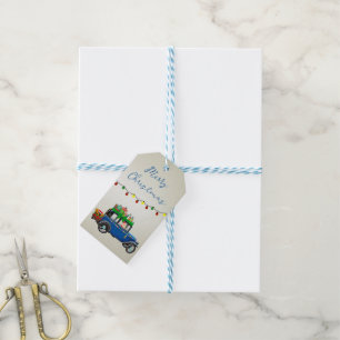 Schöne, blaue Weihnachtswagen mit Weihnachtsgesche Geschenkanhänger