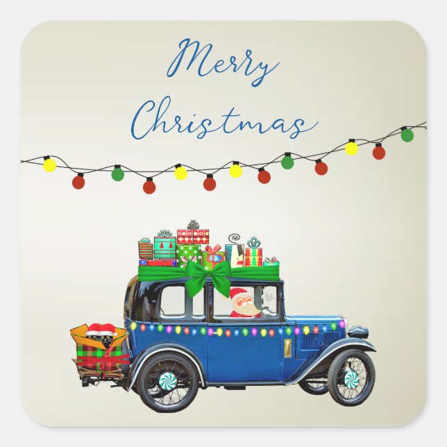 Schöne, blaue Weihnachtswagen mit Weihnachtsgesche Quadratischer Aufkleber (Vorderseite)