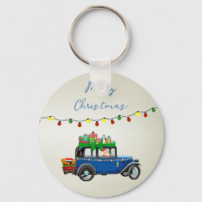 Schöne, blaue Weihnachtswagen mit Weihnachtsgesche Schlüsselanhänger (Vorderseite)